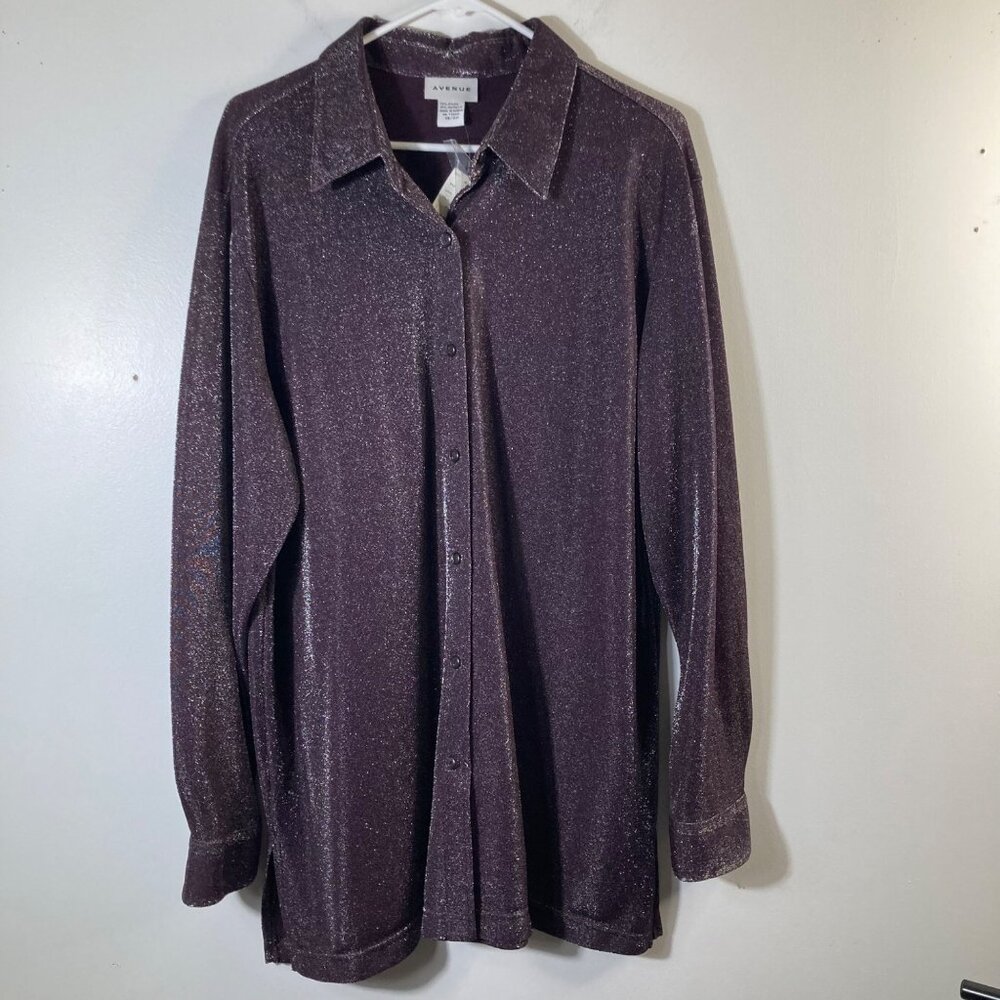 Womens Avenue Metallic Button Shirt Purple Shimmer 18/20 Nylon Metallic NWT‎